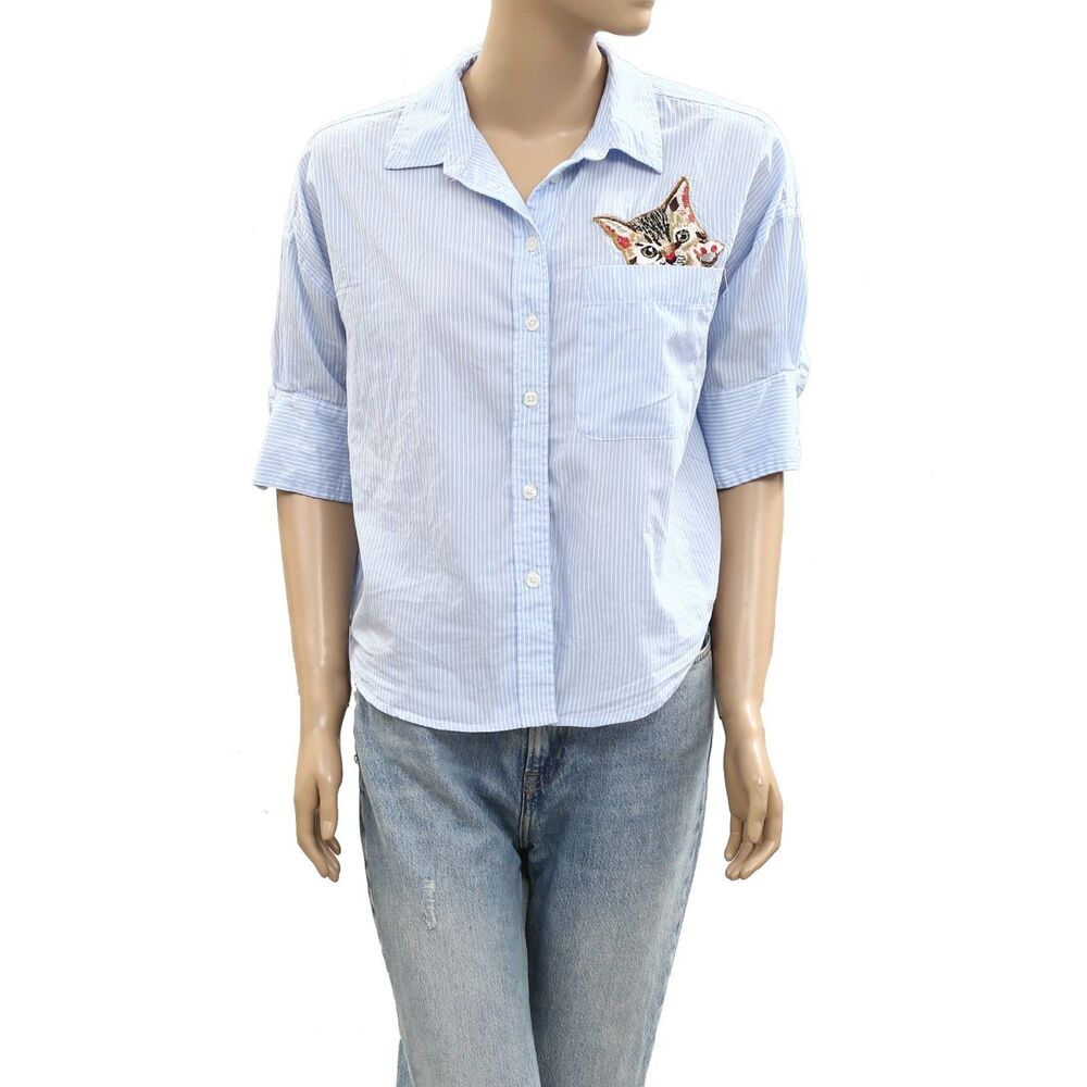 Maeve Anthropologie Buttondown Shirt Top Cat Embroidered Striped Blue XS 287043 - Picture 5 of 8